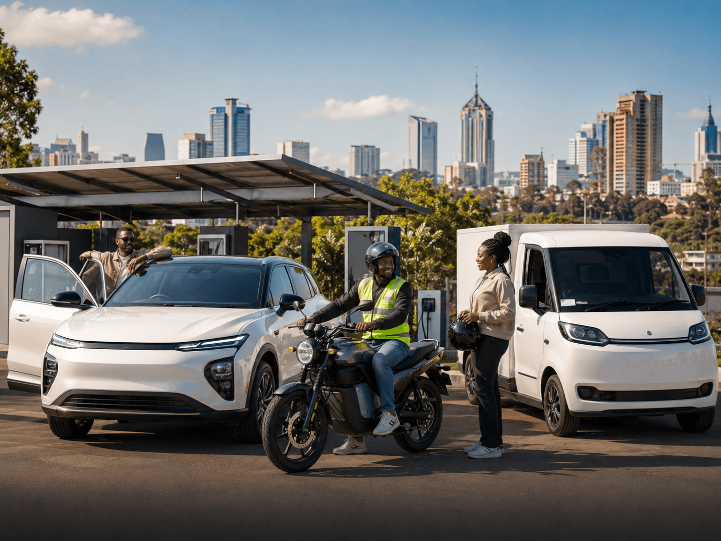 An electric vehicle and e-bikes parked together