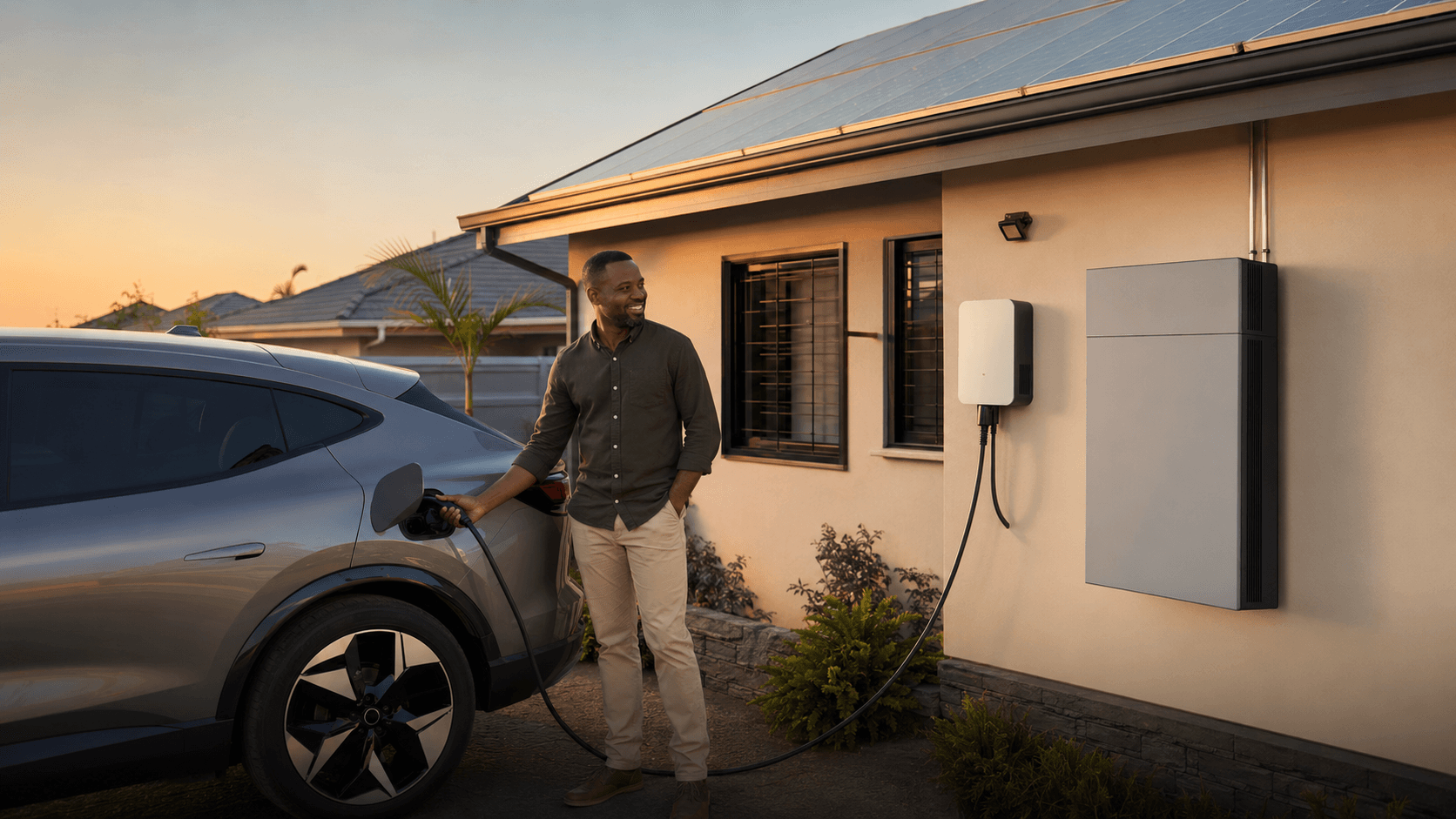 A driver plugging in at a home wall box beside a wall-mounted battery
